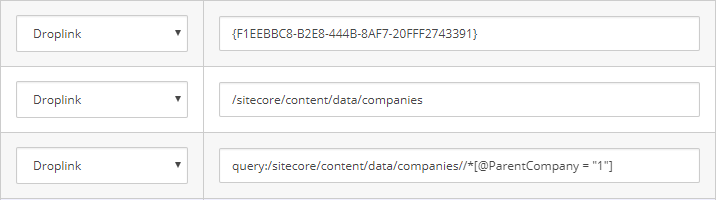 Various datasource options on a Sitecore template.
